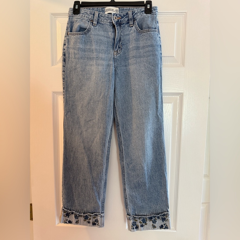 Abercrombie Kids High Rise Relaxed Ankle Jeans with Floral Cuffs